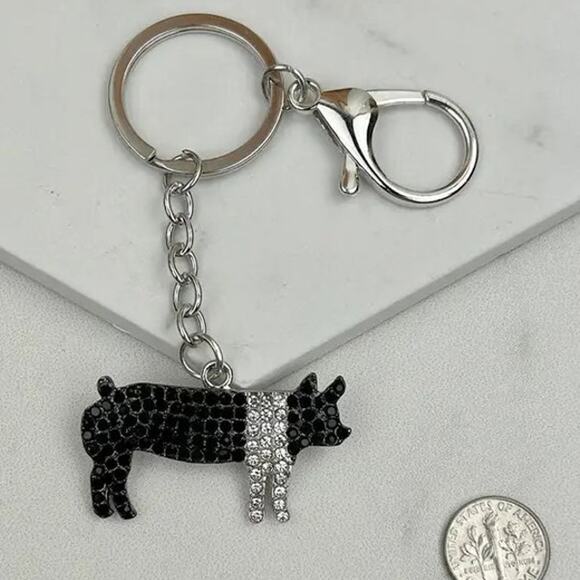 Bling Western Farm Black White Pig Keychain Bag Charm - Picture 1 of 2